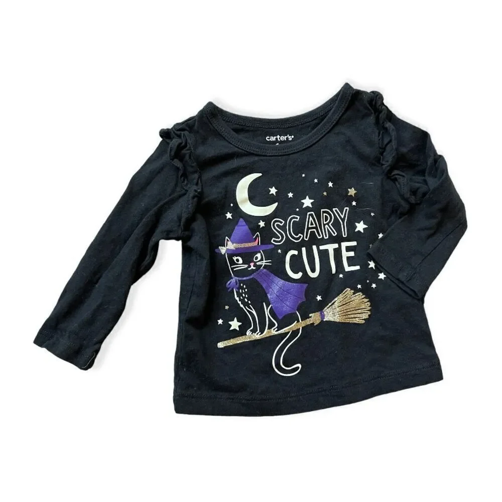 Baby Girls Carters Halloween Black Cat Scary Cute Graphic Tee - Sz 6 mo